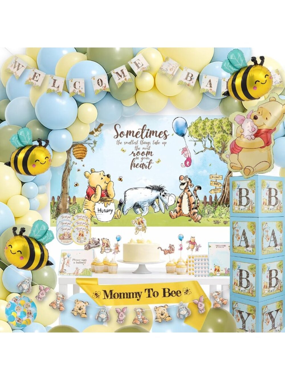 271 Pc Vintage Pooh Bear Baby Shower Decorations - Blue Balloon Arch & Party Kit